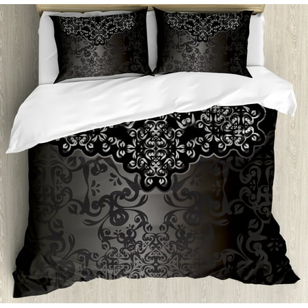 Victorian Duvet Covers Dark Grey Duvet Cover Set, Vintage Damask Inspired Ornament Victorian Swirls Curlicues Artistic, Decorative Bedding Set with Pillow Shams, Dimgrey Black Brown, by Ambesonne ()