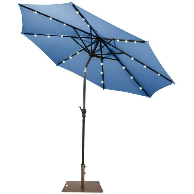 Gymax 10 Ft Patio Table Market Umbrella w/ 24 Solar LED Lights & Heavy-duty Base Blue