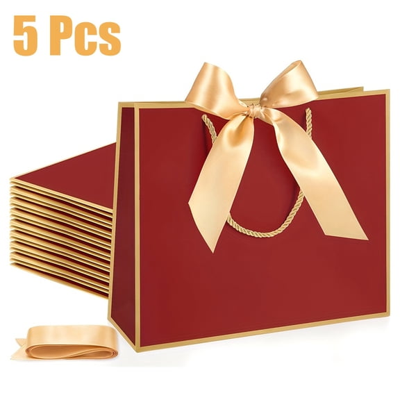5 Pcs Thank You Gift Bags with Handle 12x10x4'' Welcome Return Gifts Bag with Bow Ribbon for Valentine Wedding Bridesmaid Baby Shower New Year Housewarming Birthday