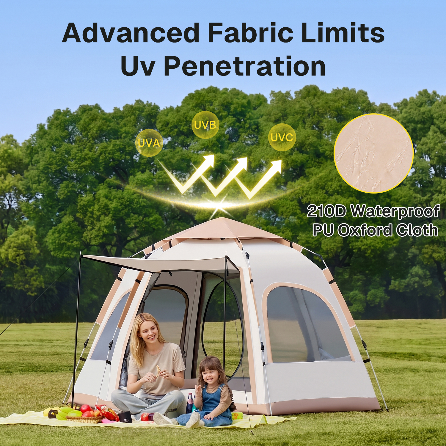 Carpa para acampar BN-LINK para 5-8 personas, impermeable y a prueba de viento, pop-up con 2 puertas, 4 ventanas grandes de malla, instalación automática instantánea para campamento, senderismo y viajes, beige 2