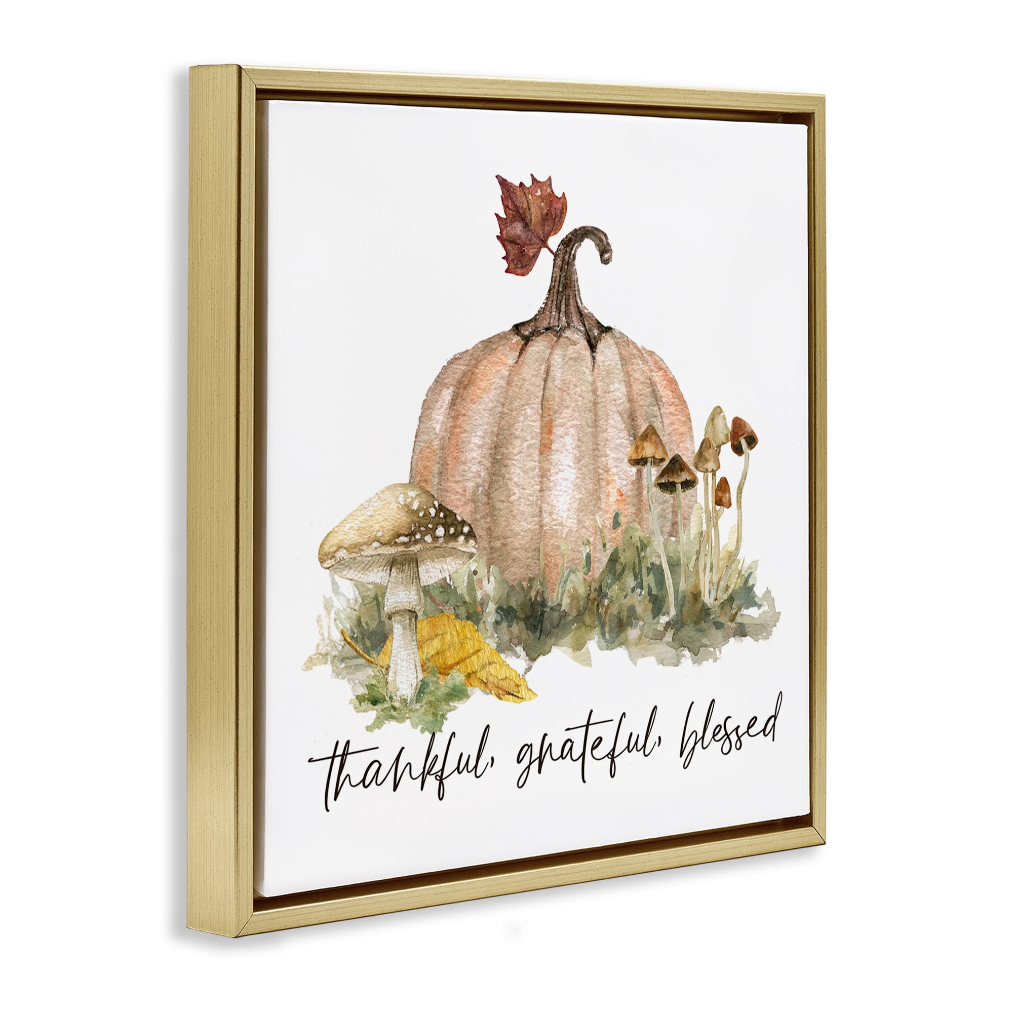 Stupell Industries Thankful Pumpkin & Mushrooms Botanical & Floral Painting Gold Floater Framed Canvas Art Prints Wall Art, 18 x 18