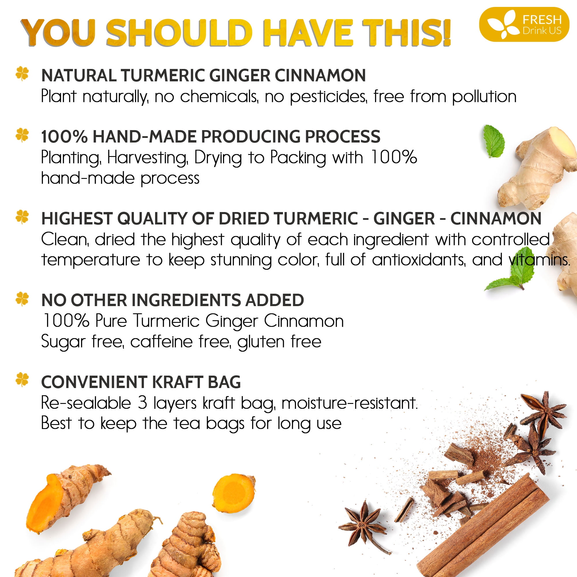 Special 120 Tea Bags Turmeric Ginger Cinnamon, 100% Natural, Hand-made Blend of Turmeric, Ginger, and Cinnamon. Eco-conscious Tea Bags. Herbal Tea, No Sugar, No Caffeine, No Gluten, Vegan.