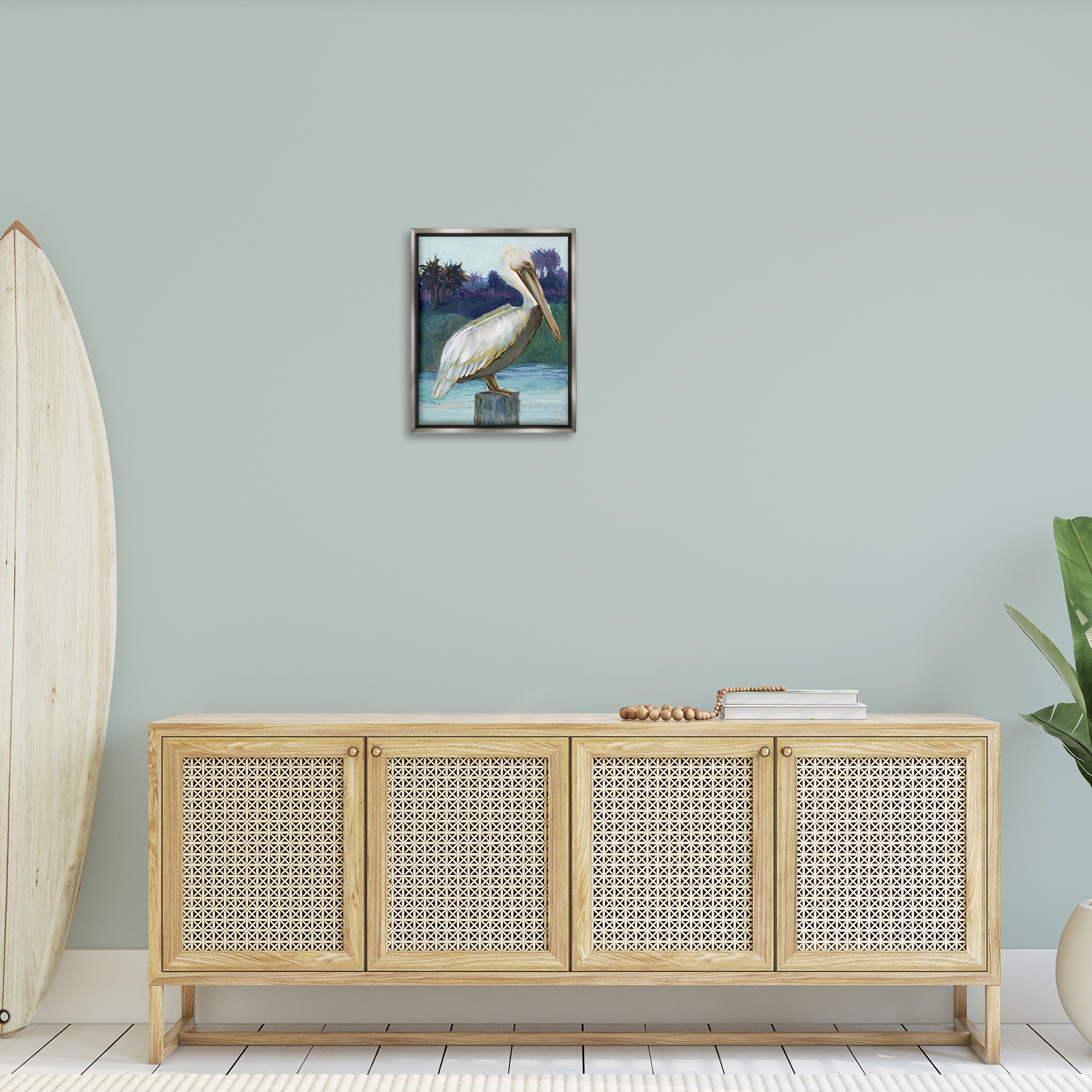 Stupell Industries Tropical Pelican Perched Animals & Insects Painting Gray Floater Framed Canvas Art Print Wall Art, 17 x 21