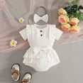 thumbnail image 5 of Avtoify Toddler Rompers, Fall Toddler Girl Solid Color Short Sleeved Groove Shorts+bow Headband Piece Set Crawling, 5 of 10