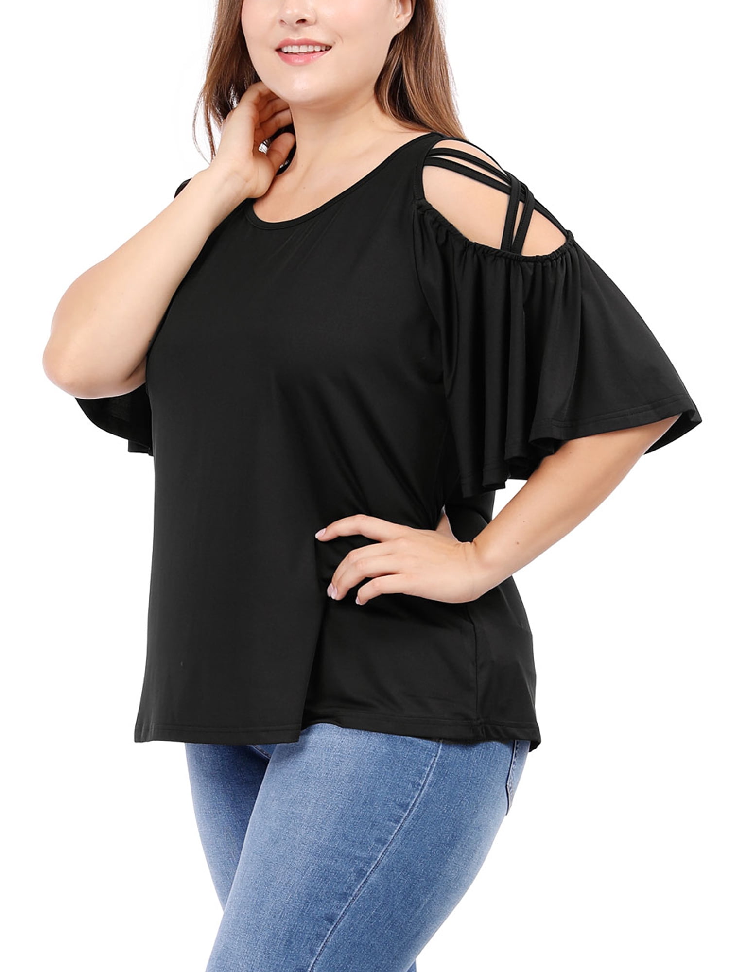 Unique Bargains Women's Plus Solid Strappy Cold Shoulder Trumpet Sleeve T-shirt