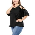 thumbnail image 6 of Unique Bargains Women's Plus Solid Strappy Cold Shoulder Trumpet Sleeve T-shirt, 6 of 8