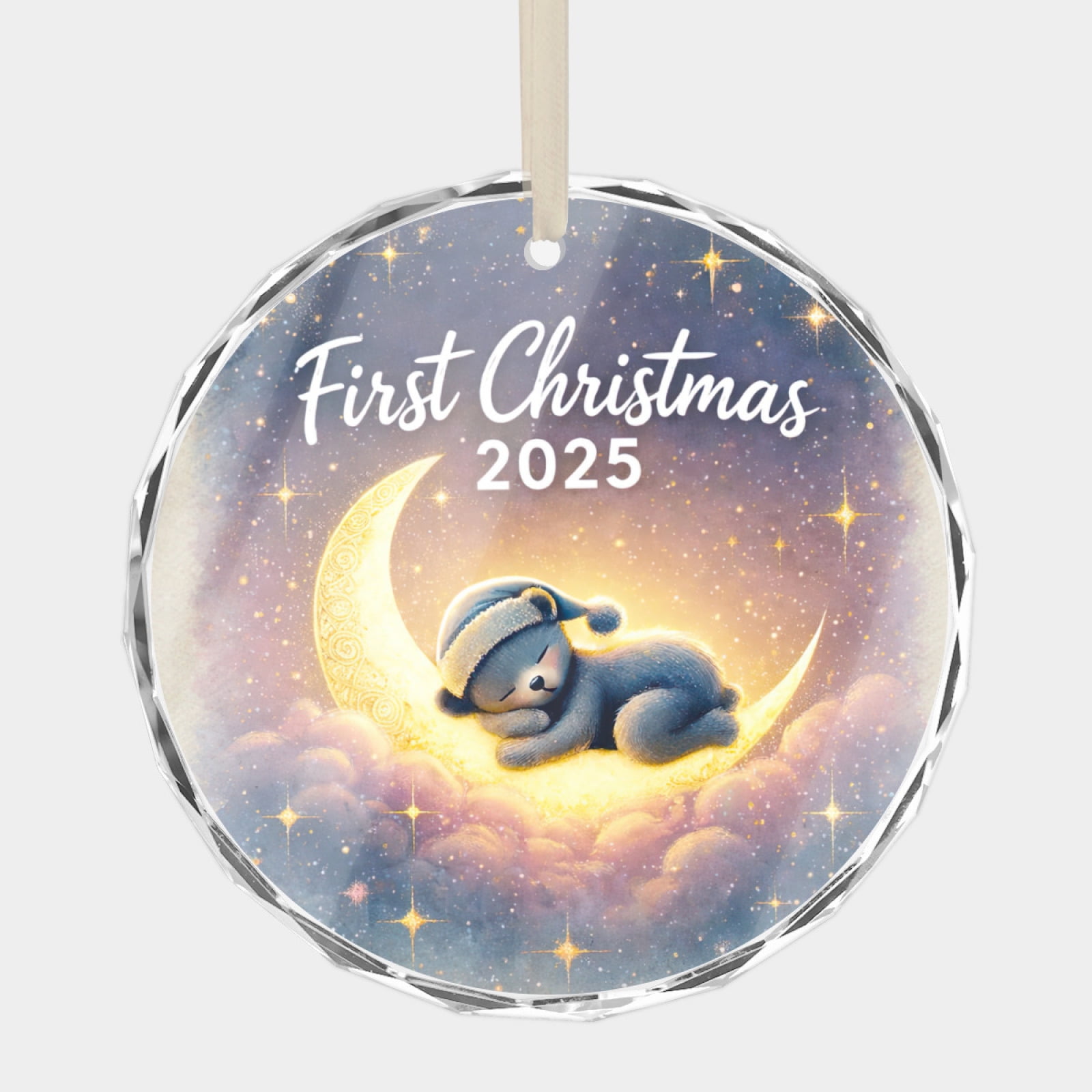 Bear on Moon Baby’s 1st Christmas Newborn Boy & Girl, First Holiday Memory 3" Crystal Glass Christmas Ornament Message Greeting, Wish, Thank You, or Congratulations Keepsake Gift