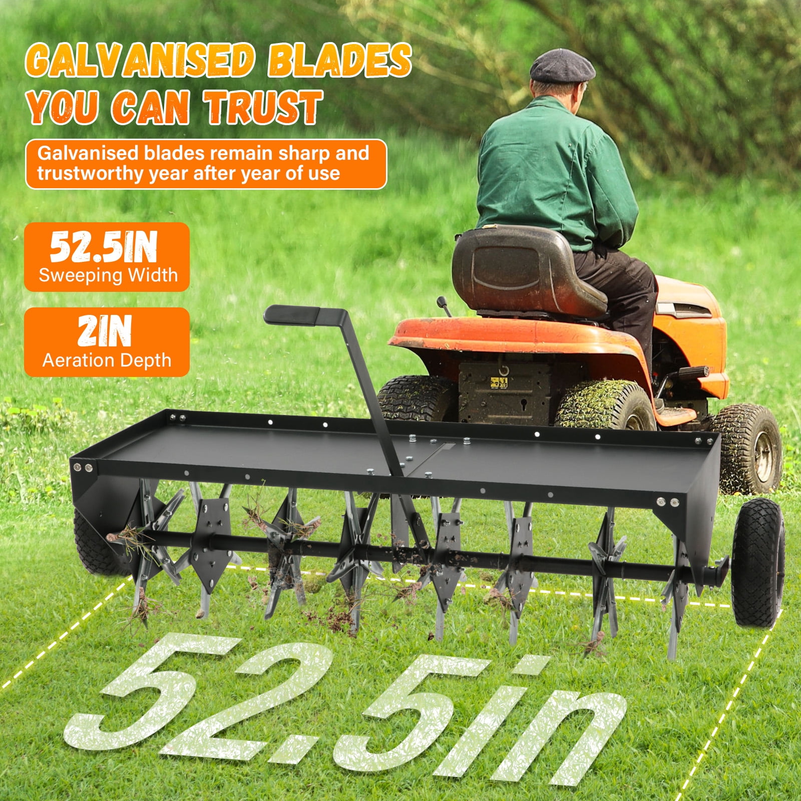 52-Inch Tow Behind Lawn Plug Aerator with Universal Hitch, 40 Galvanized Steel Tines, Weight Tray & Inflatable Wheels for Lawns, Gardens & Farms