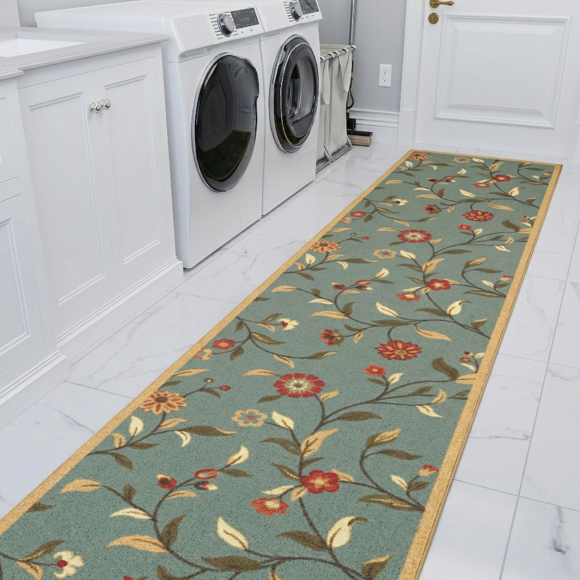 Ottomanson Extra Long Runner Rug 2'7" x 13' – Non-Slip Low Pile Hallway Carpet, Floral Seafoam Green