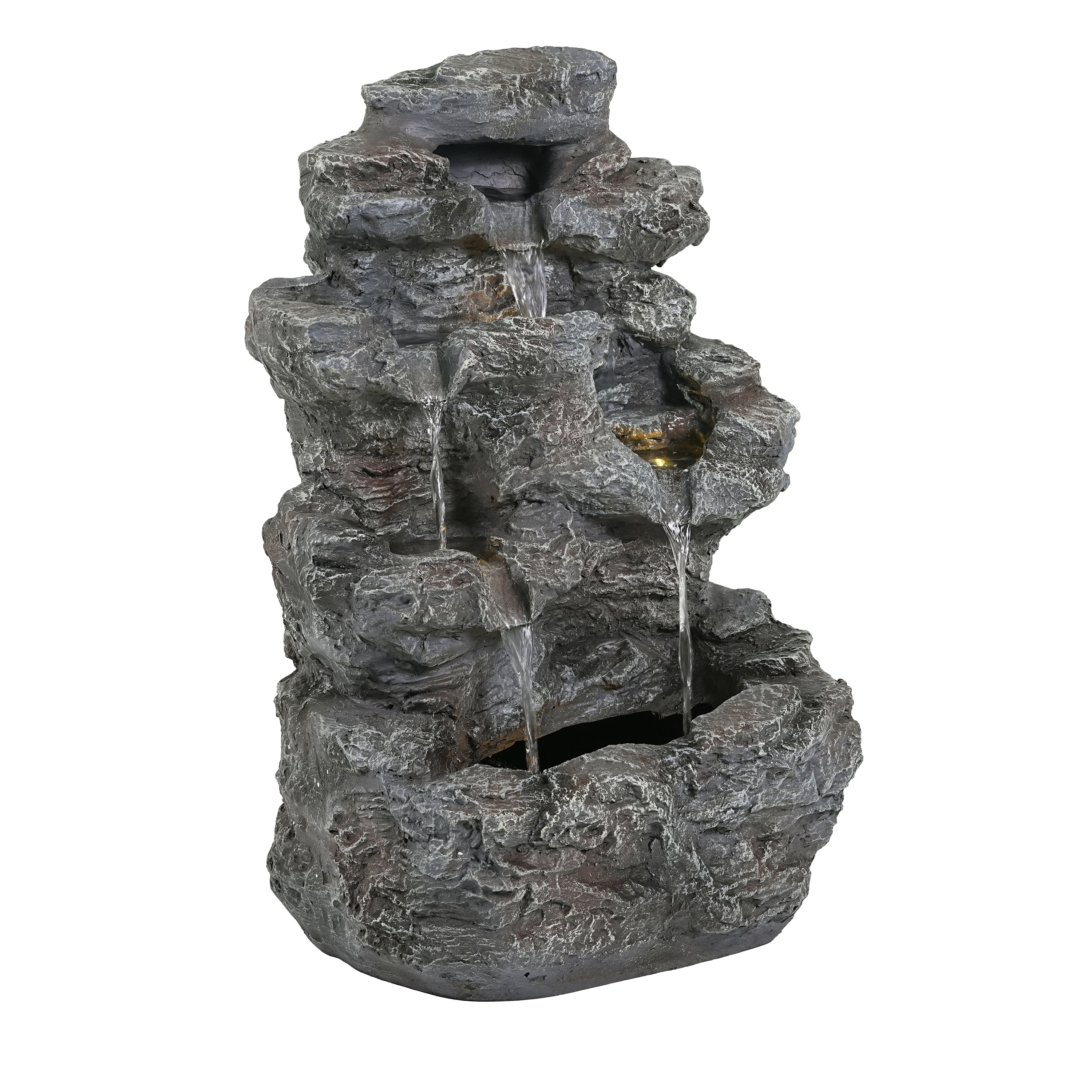 Mintazer 5-Tier Natural Rock Cascading Outdoor Fountain, Weatherproof Faux Rock Concrete Water Feature with Warm LED Lights & Silent Recirculating Pump for Patio Garden Backyard Decor, Gray