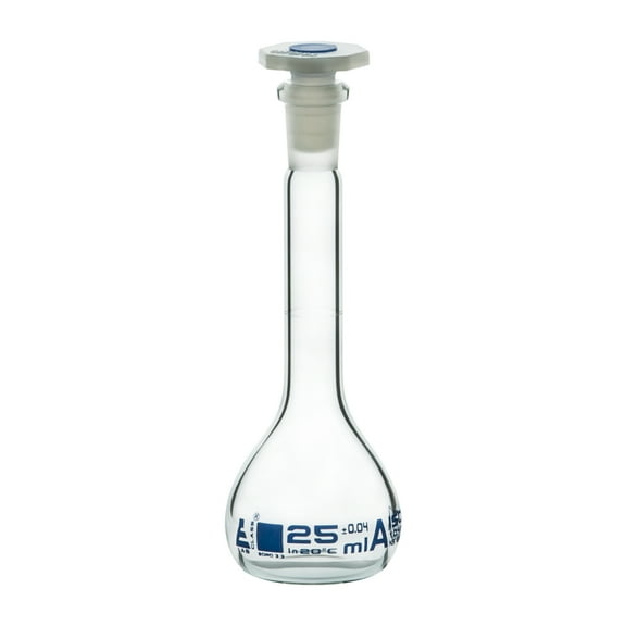 25mL Class A Volumetric Flask with Acid Proof Polypropylene Stopper, Borosilicate 3.3 Glass - Eisco Labs