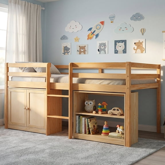 Guqiart Twin Low Loft Bed for Kids with Lights, Modern Toddler Loft Bed for Boys Girls,Safety Guardrail, Bookcase Storage & Play Space