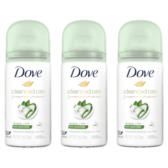 Dove Advanced Care Antiperspirant Deodorant Dry Spray Cool Essentials, 1 oz Travel Size (3 Pack)