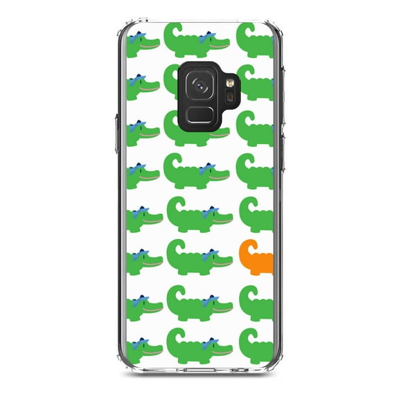 DistinctInk Clear Shockproof Hybrid Case for Samsung Galaxy S9 (5.8" Screen) - TPU Bumper, Acrylic Back, Tempered Glass Screen Protector - Green Orange Blue Alligator Gator - Cartoon Alligators