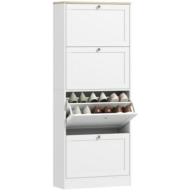 HOMCOM Shoe Cabinet with 4 Flip Drawers and Adjustable Shelves, White
