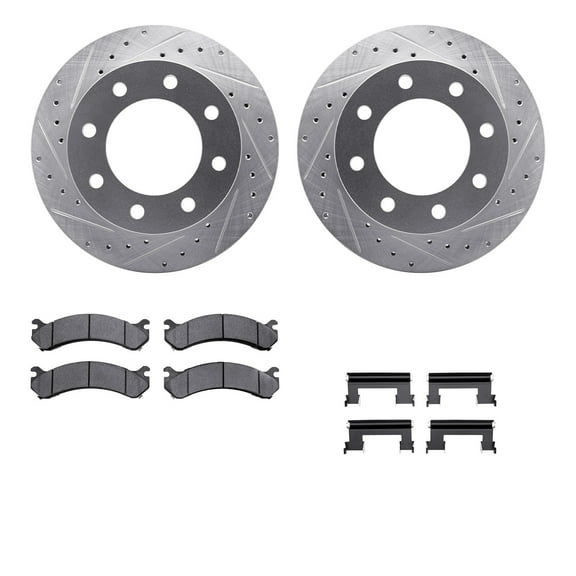 Dynamic Friction Company Front Brake Rotors-Drilled and Slotted-Silver with Heavy Duty Brake Pads includes Hardware 7212-48122