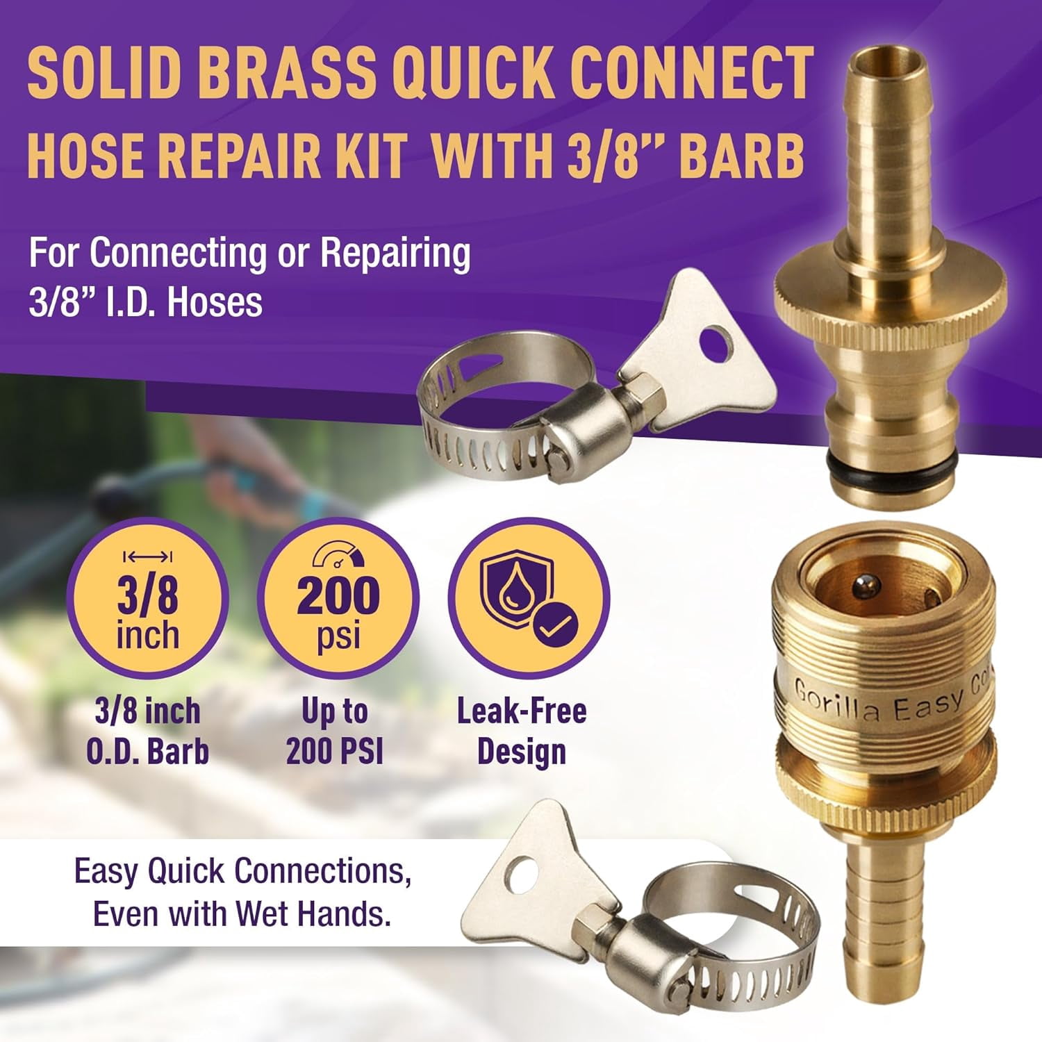 GORILLA EASY CONNECT Garden Hose Repair Kit with Integrated Quick Connect Fittings Water Hose Inline Splicing Repair - 1 Set with 3/8 Inch Barbs and 2 Hose Clamps