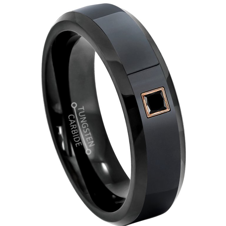 Men's Black Tungsten Carbide Ring With Black Diamond - 8mm Comfort Fit Wedding Band