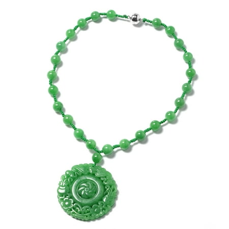 - Green Jade Sterling Silver Carved Floral Pendant with Beaded Necklace 18