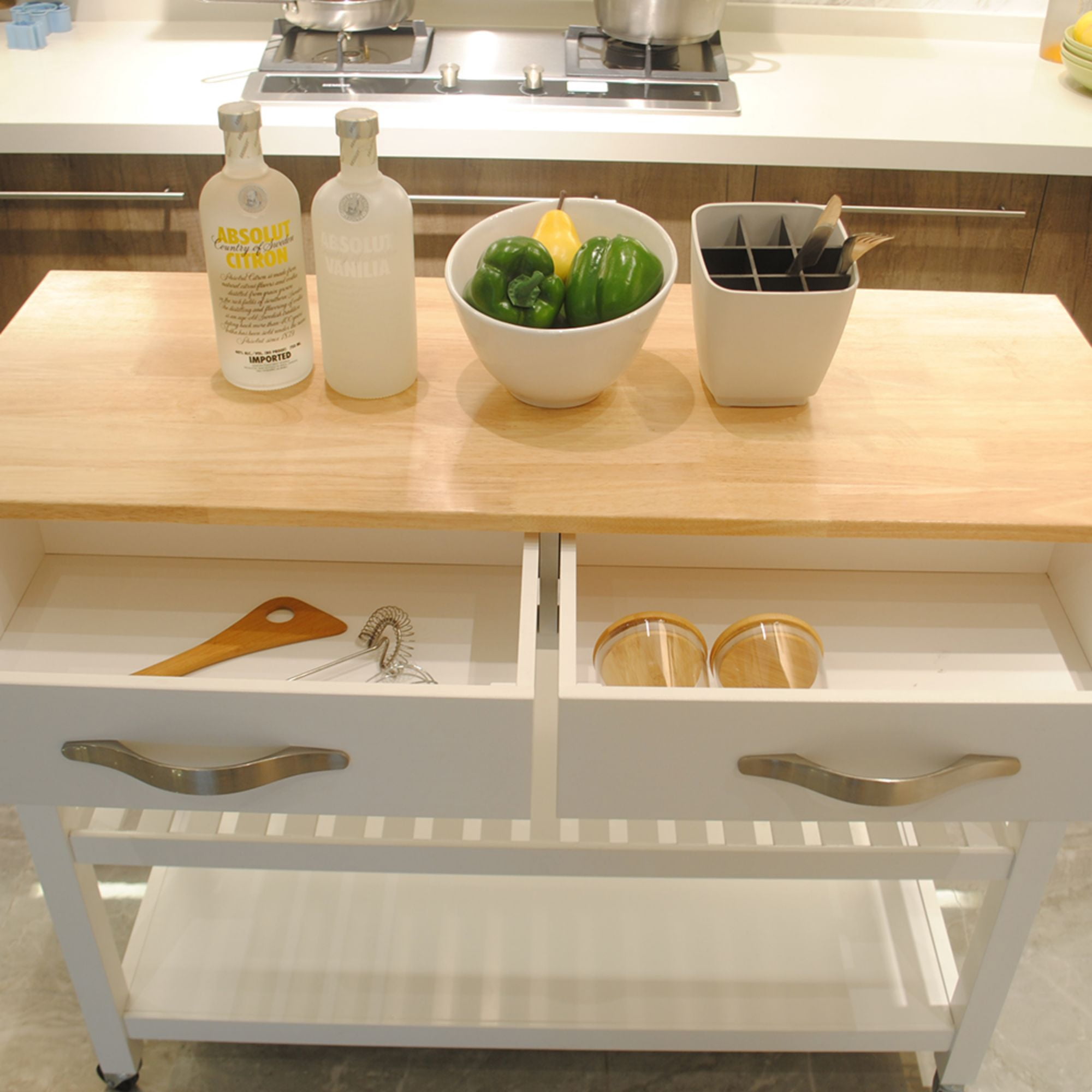 Aukfa Kitchen Cart,Kitchen Island Cart on Lockable Wheels and Two Drawers - White
