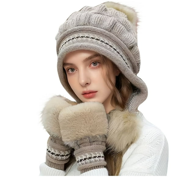 Jgppe Women Winter Knit Hat Set with Glove Fleece Lined Ear Flaps Beanie Cap for Ladies Outdoor