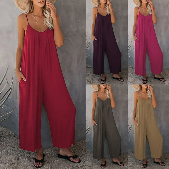 FRSASU Buauty Jumpsuits for Women Casual V Neck Sleeveless Baggy Overalls Strap Jumpers with Pockets Summer Romper Clothes