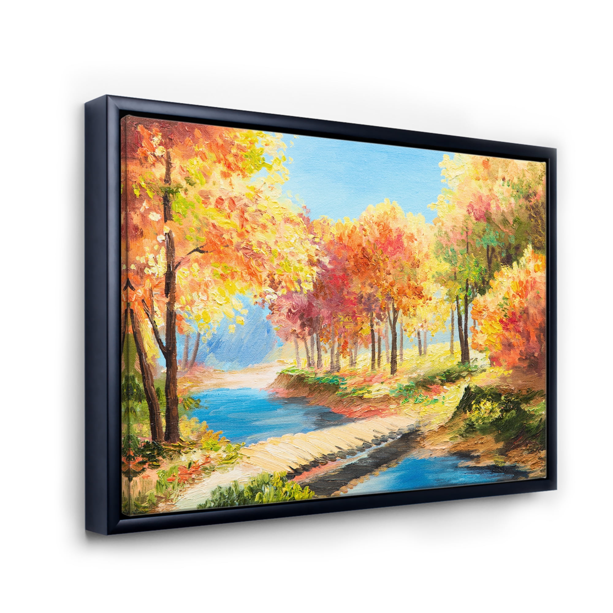 Designart 'Orange and Yellow Trees By The Riverside' Lake House Framed Canvas Wall Art Print
