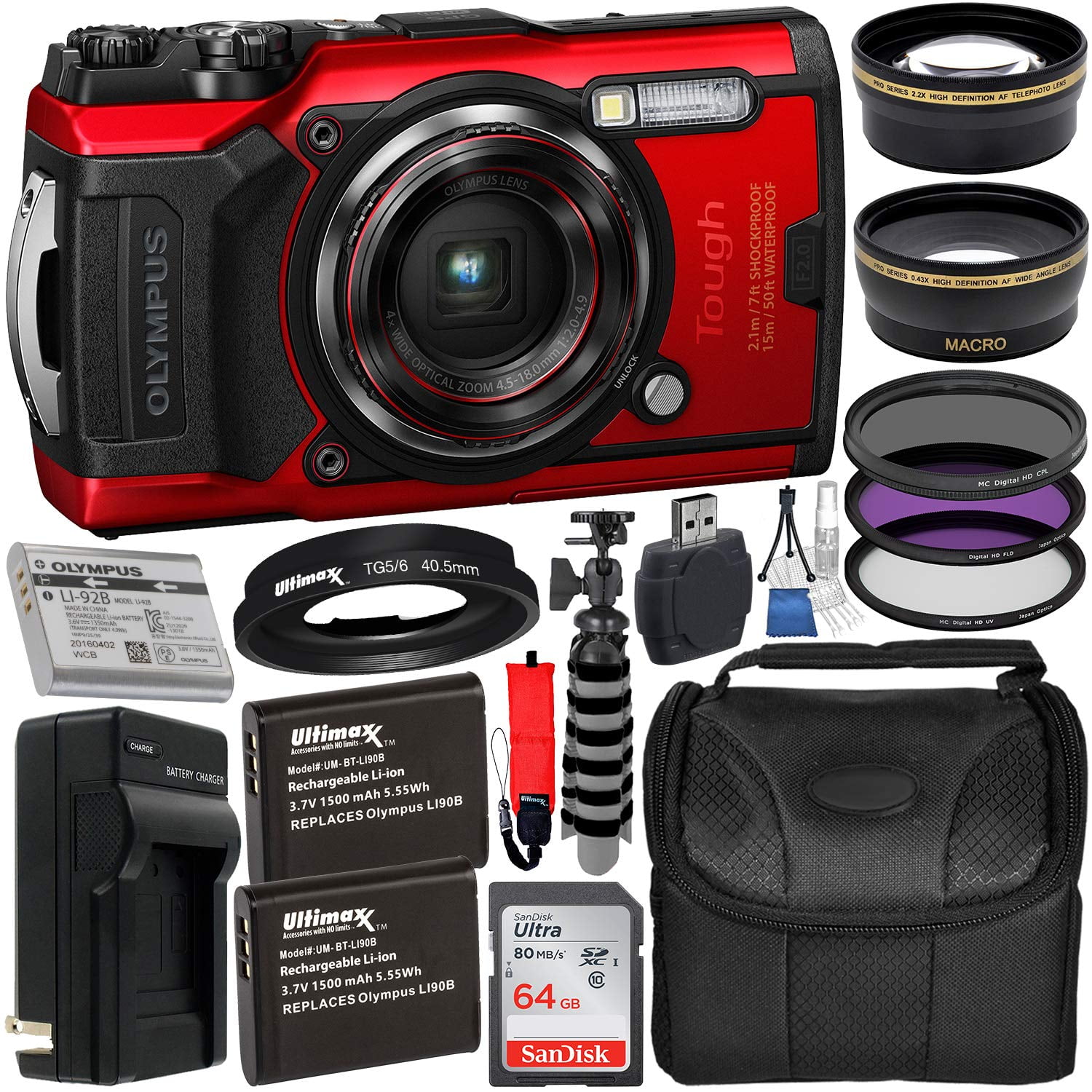 Olympus Tough TG-6 Digital Camera (Red) V104210RU000 + 64GB +