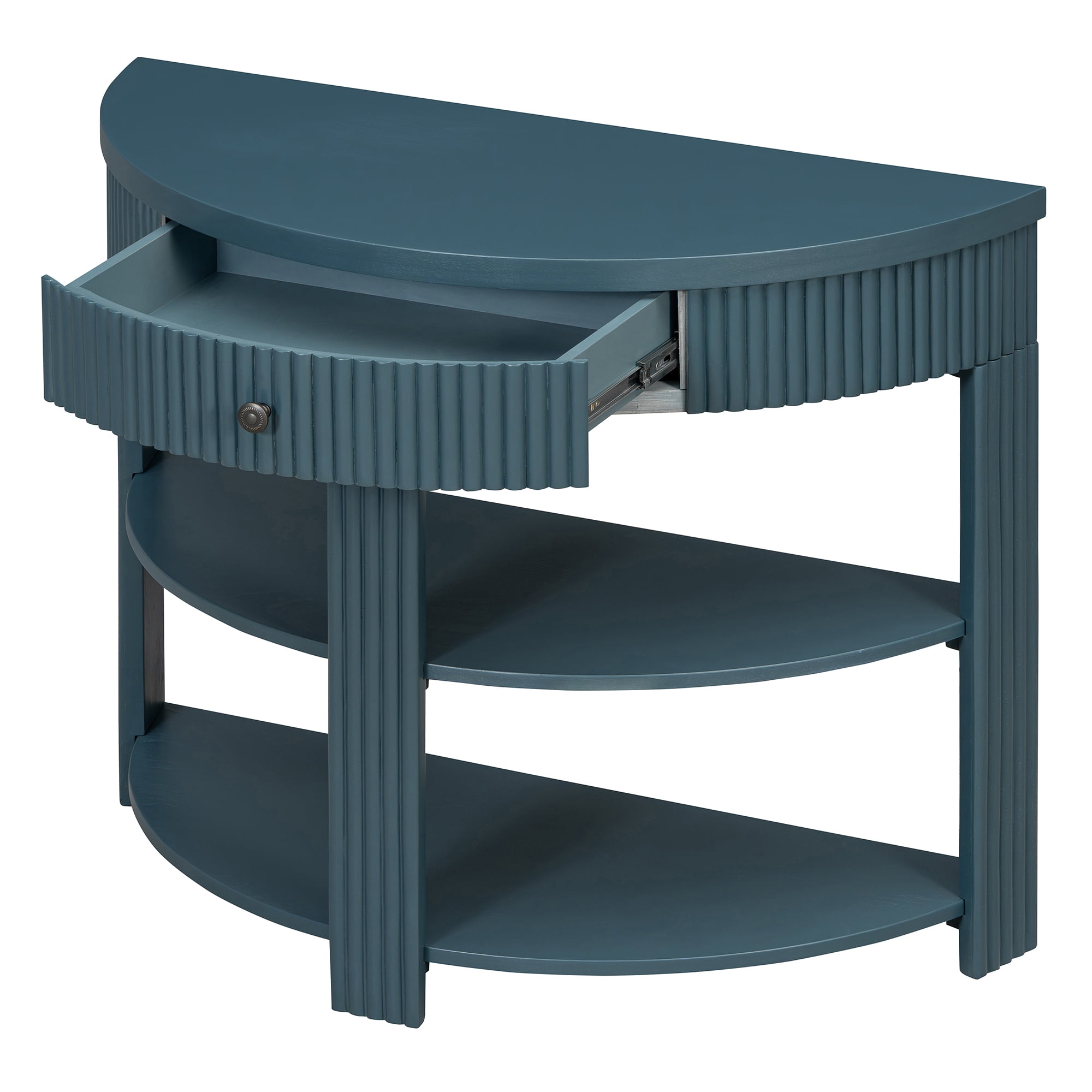 Aukfa 37" Fluted Half Moon Console Table with Drawer & Open Shelves, Entryway Accent Table for Living Room Hallway, Navy