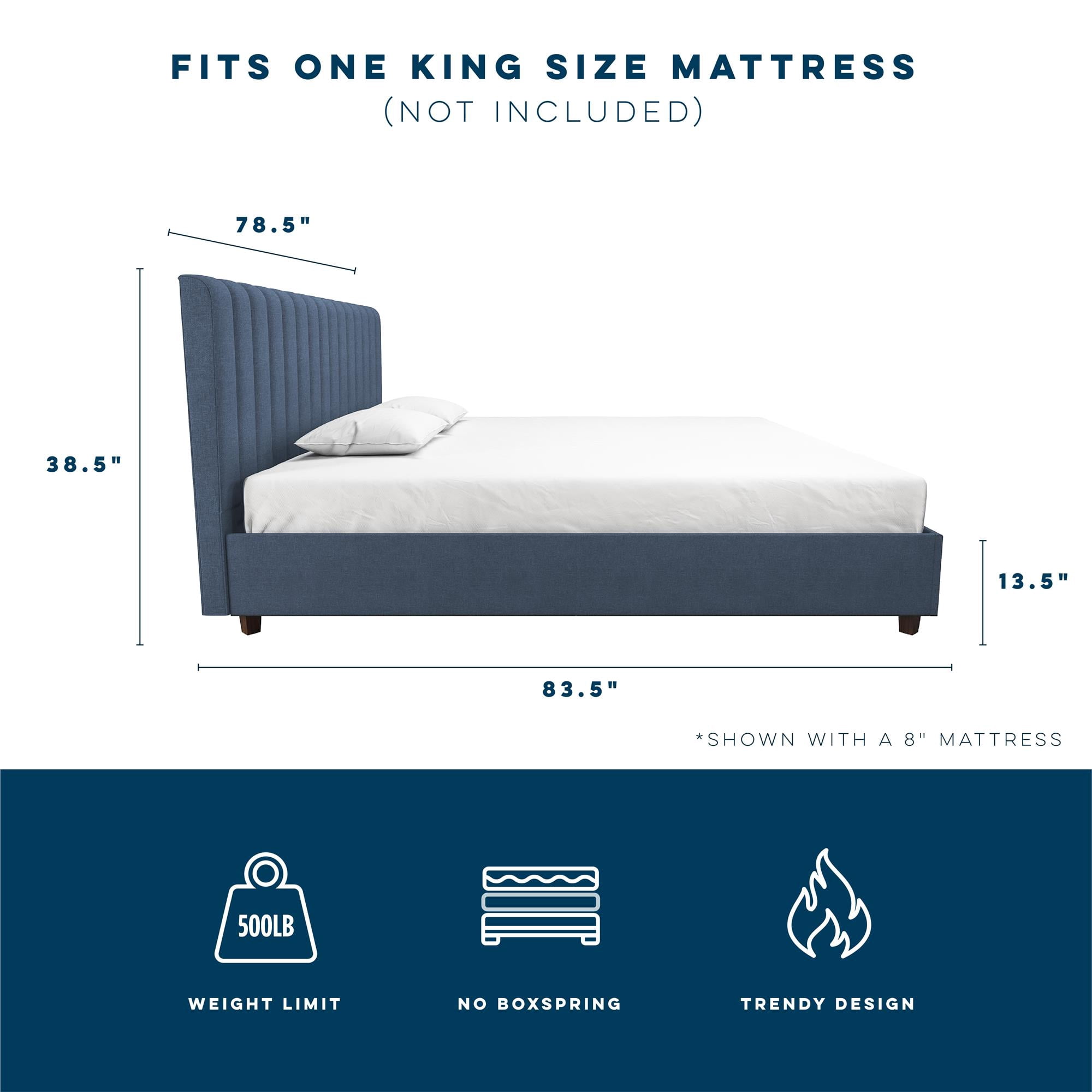Novogratz Brittany Tufted Upholstered Bed Frame, King, Blue Linen
