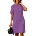 thumbnail image 2 of Guieoi Summer Dresses for Women V-Neck Short-Sleeve Cotton-Linen Casual Straight-Cut Solid-Color Dress with Pockets Purple XL, 2 of 7
