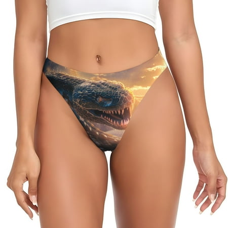 Qokaie Mythical Serpent Mountain Sunrise Printed Women s Cotton Thong Underwear  Sexy Breathable Panties G-string-Large