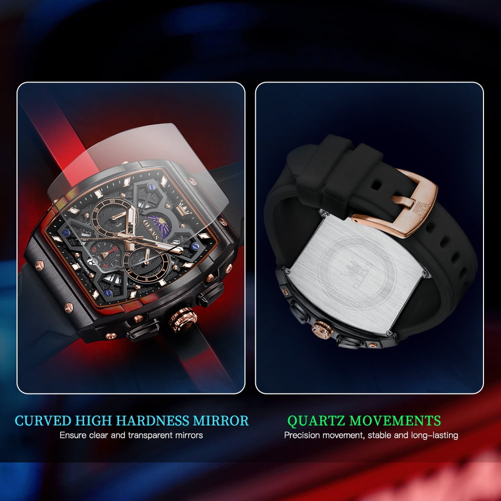 OLEVS Watches for Men Chronograph Waterproof Luxury Dress Quartz Silicon Strap Multifunction Moon Phase Calendar Luminous Men Wrist Watches Reloj Para Hombre Black/Red