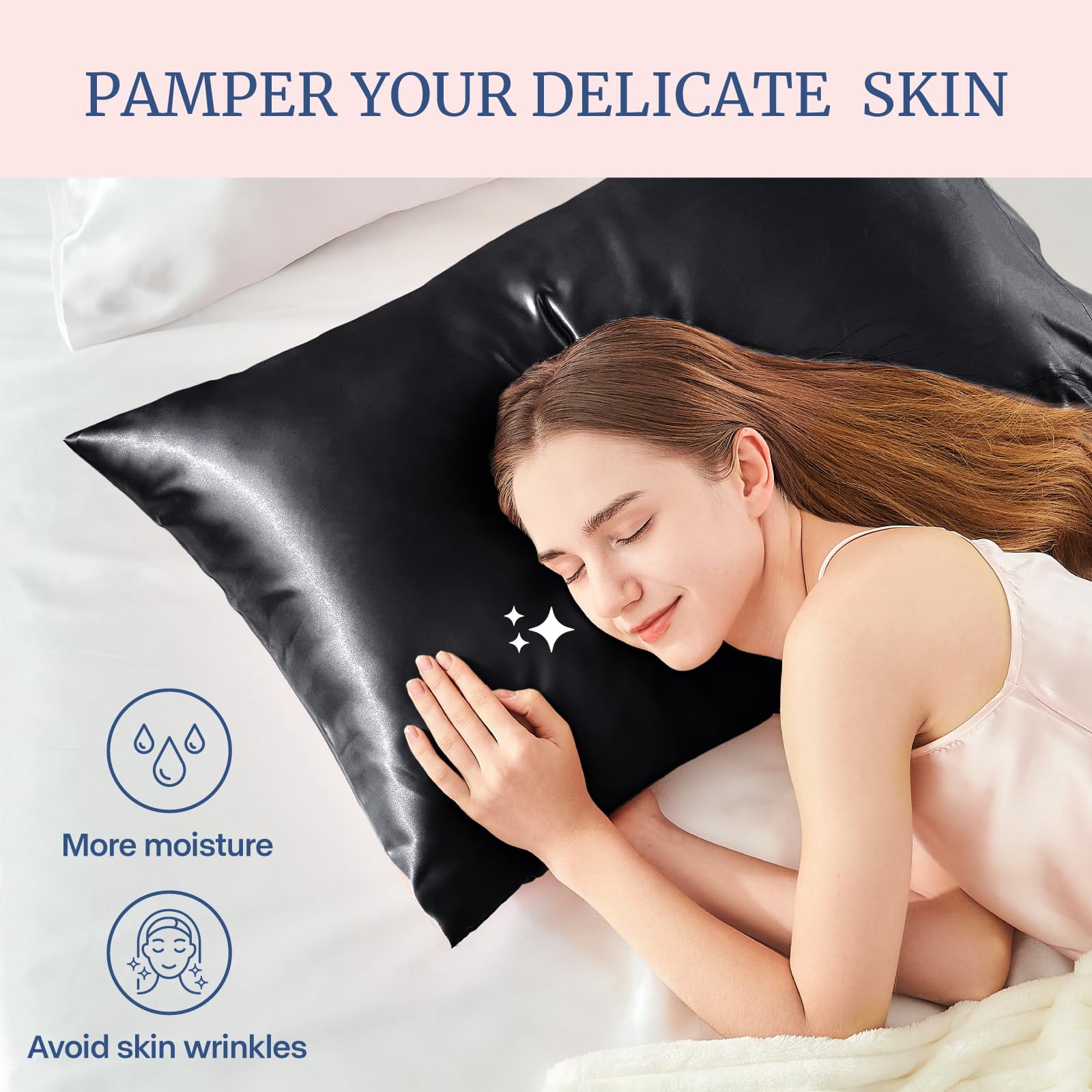 2 Pack Black Satin Pillowcase for Hair and Skin, Cooling Soft Silk Like Pillow Cases, Queen Size 20" x 30" with Envelope Closure
