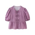 thumbnail image 5 of Raccmtaty Women's Summer Babydoll T-Shirt Solid/Stripe Short Puff Sleeve Round Neck Tie-Up Front Peplum Tops, 5 of 6