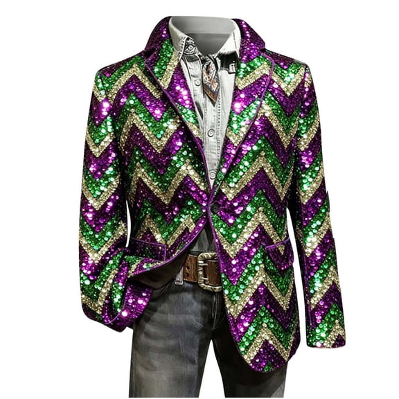 KeShDi Sequin Blazer Suit Jacket Men's Corduroy Print Ceremonial Dress Pocket Button Party Coat Multicolor L