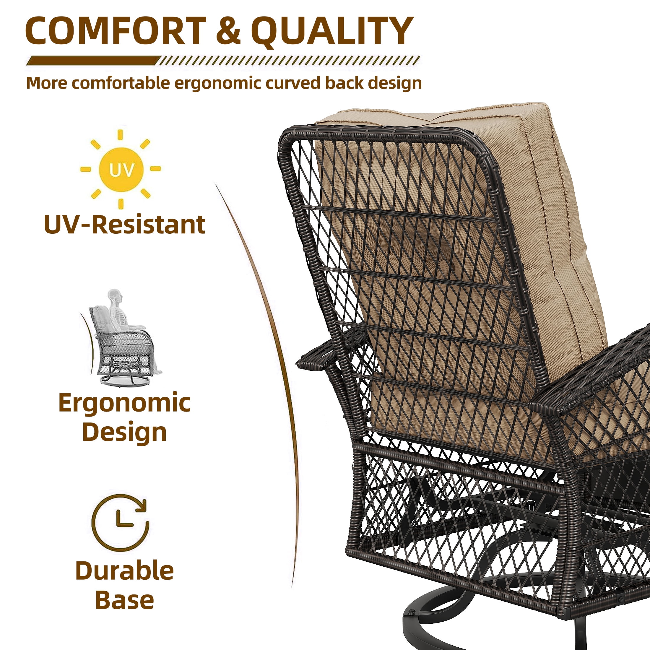 Techmilly 3 Pieces Patio Furniture Set, Outdoor Swivel Gliders Rocker, Glass Top Side Table  (Khaki)