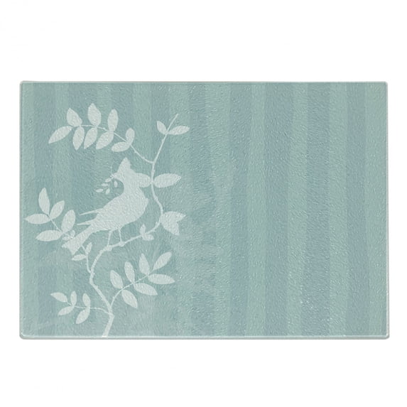 Nature Cutting Board, Silhouette of Bird Sitting on the Tree Branch on Striped Backdrop Summer Print, Decorative Tempered Glass Cutting and Serving Board, Small Size, Turquoise White, by Ambesonne