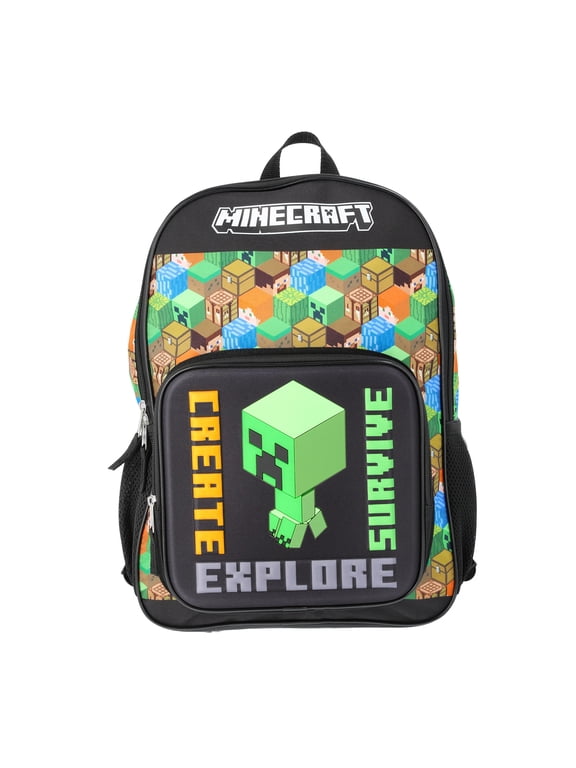 Creeper "Create, Survive, Explore" Boys' 17" Light Up Backpack, Black/Green