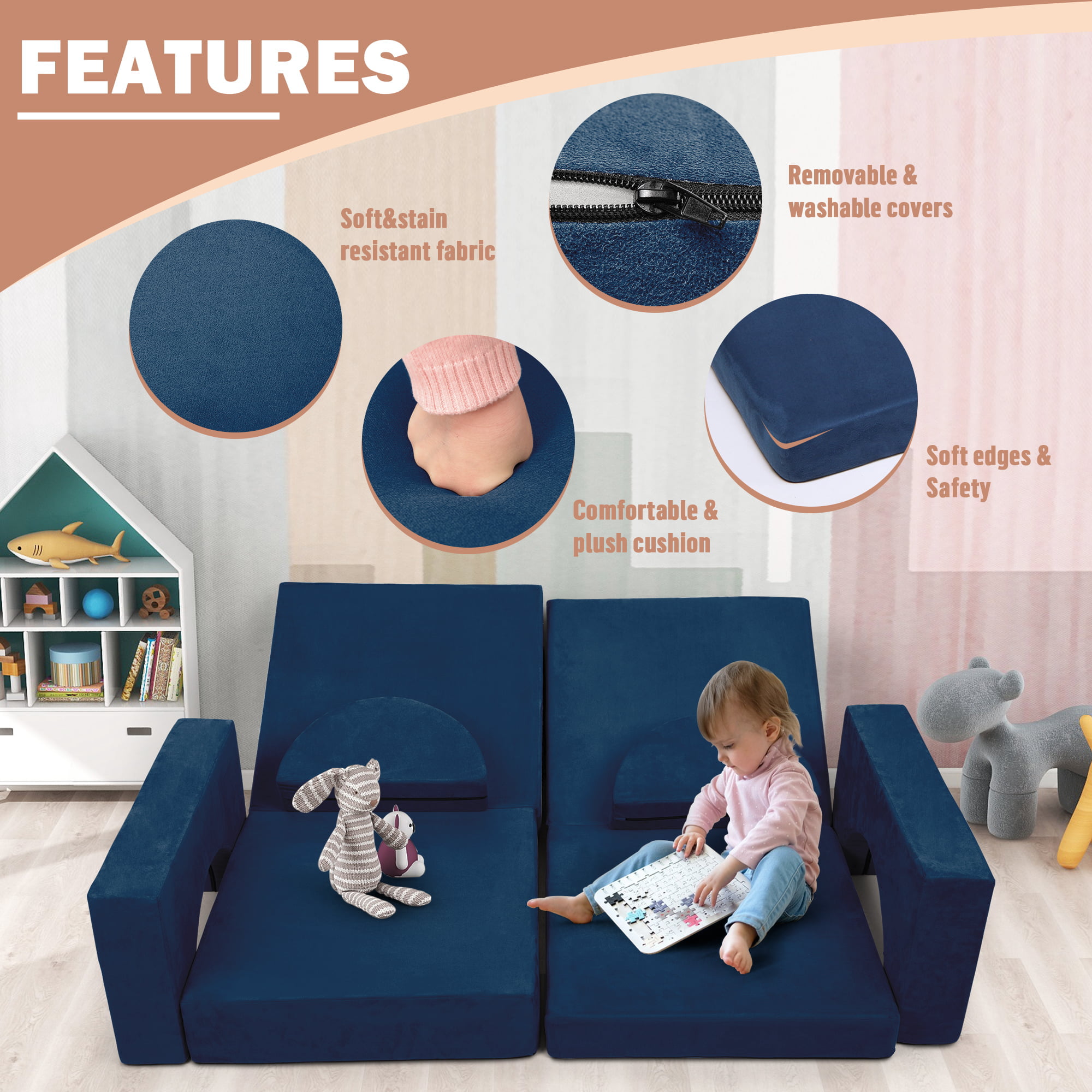 Play Furniture, Blue Kids Imaginative Couch Sofa, Sectional Modular Pcs Convertible Child 8 Tolead