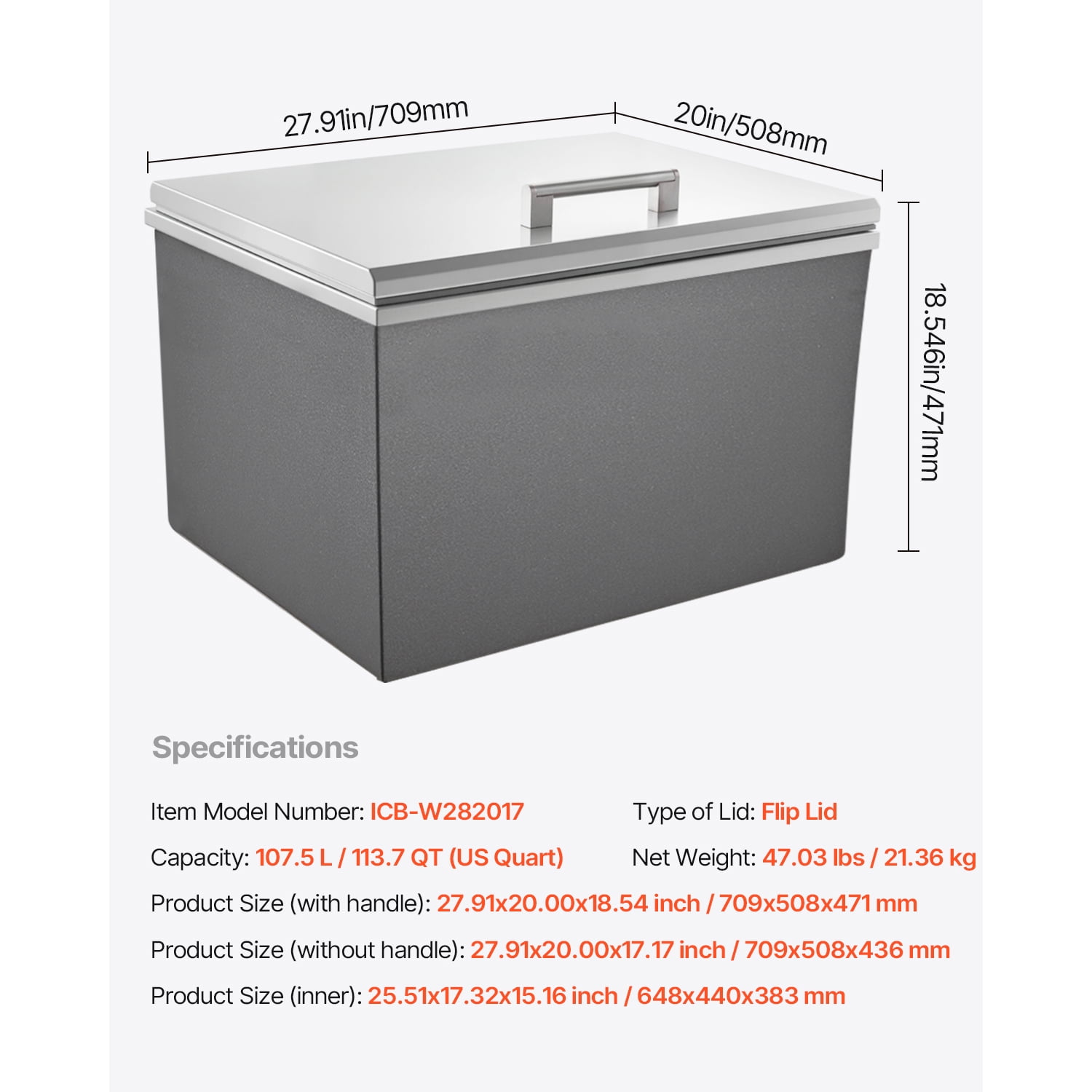 KFFKFF Stainless Steel Drop-in Ice Chest, 28"L x 20"W x 17"H Cooler, 113.7 Quart Capacity with Flip Lid, Ideal for Outdoor Kitchens, Patios, and Bars, Includes Drain Pipe for Chilling Beverages