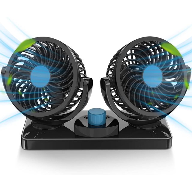 Ventilador giratorio de 360 grados para coche, ventiladores eléctricos de 12 V CC de 2 velocidades con cabezal doble, ventilador circulador de aire de refrigeración silencioso y fuerte par