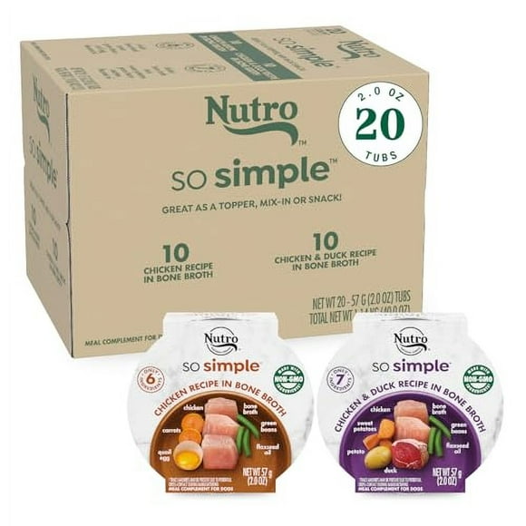 Nutro So Simple Meal Complement Wet Dog Food Chicken and Chicken & Duck Recipes in Bone Broth Variety Pack, 2 oz. Tubs, Pack of 20