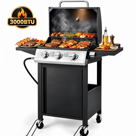 Syngar 3 Burner Bbq Gas Grill with Folding Side Tables, Propane Grill with 30,000 Btu, Stainless Steel, Porcelain Grates & Thermometer, Black