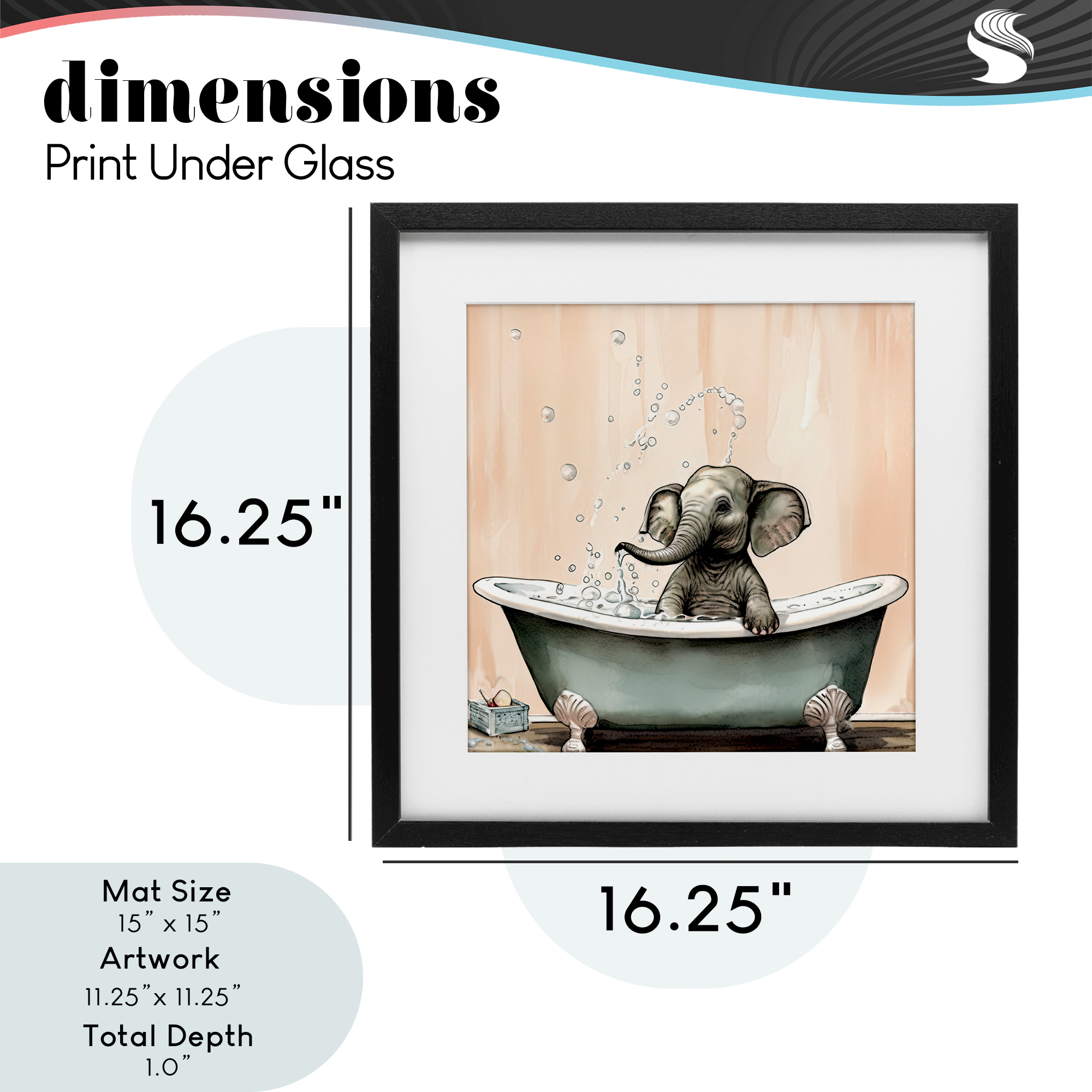 Baby Elephant Bubble Bath Black Framed Print Under Glass, design by Sasha