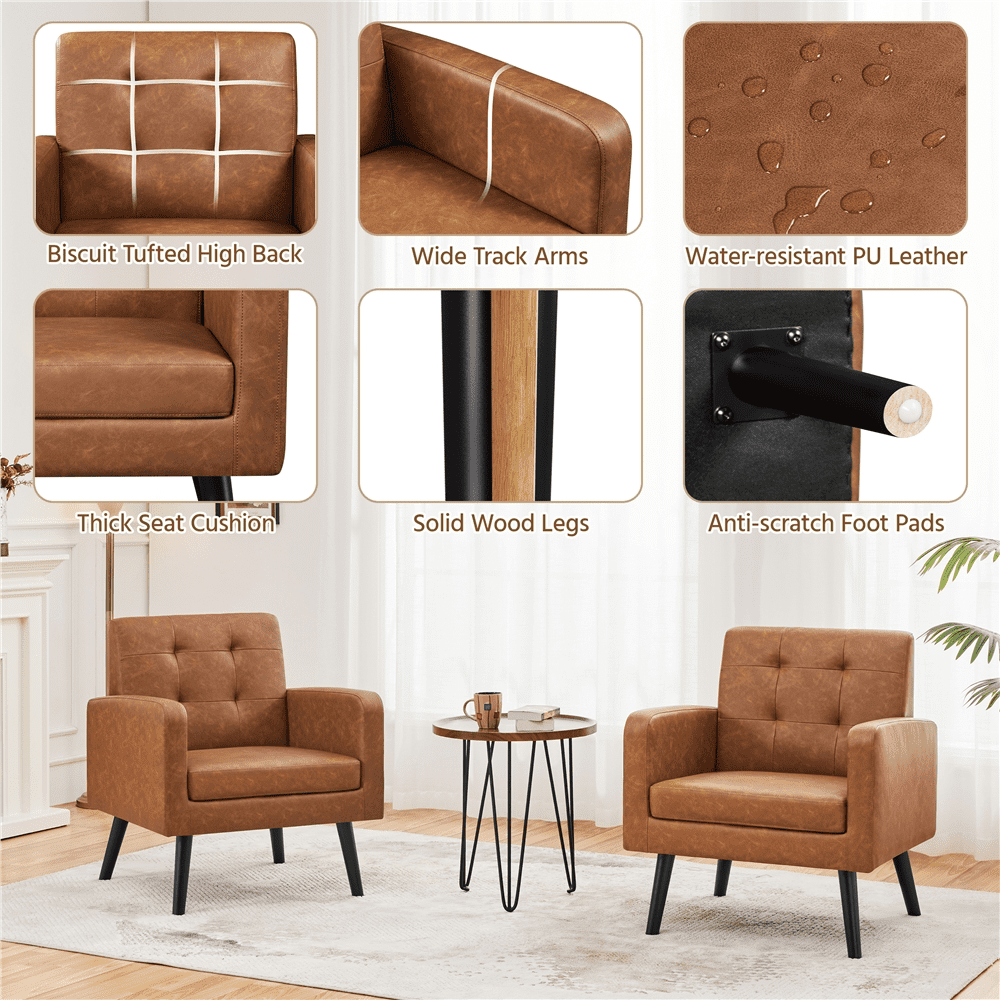 Alden Design Mid Century Modern Faux Leather Accent Chair with Solid Wood Legs, Set of 2, Retro Brown