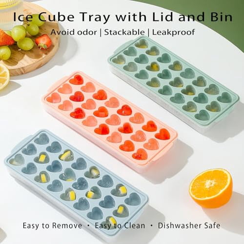 2-Pack Silicone Heart-Shaped Ice Cube Trays with Lid and Storage Bin, 48 Mini Heart Molds, BPA-Free, Dishwasher Safe, Easy Release for Fun Shaped Ice