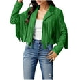 thumbnail image 3 of HANXIULIN Ladies Fashion Solid Color Fringe Faux-Leather Jacket Fashion Fringe Motorcycle Cropped Jacket Green L, 3 of 9