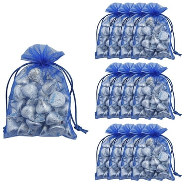 Fun Express 4 1/2" x 6 1/4" Medium Sheer Blue Organza Drawstring Bags - 12 Piece