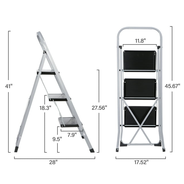 ZENY 3 Step Ladder Folding Step Stool Wide Anti-Slip Platform 330lbs Capacity, Silver